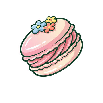 Pink French macaron illustration with small flowers isolated on transparent