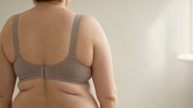 Plus size woman seen from back wearing gray bra with natural skin folds, promoting body positivity, self acceptance and realistic beauty standards at home indoors lifestyle concept.
