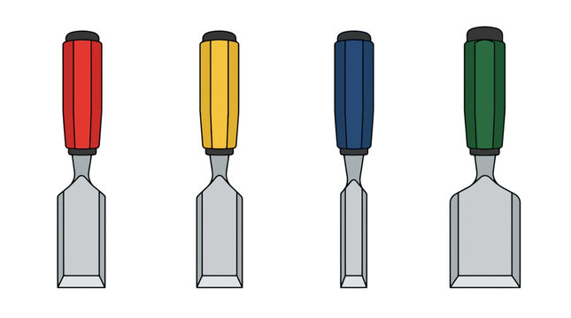 Set of wood chisels with colorful handles isolated on white background. Professional woodworking hand tools vector illustration.