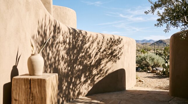 Desert adobe wall with dry shrubs cactus forms and a wooden table under blue sky where strong sunlight draws crisp shadow across warm earthen architecture and calm arid garden mood