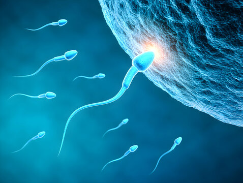 3D render of sperm cells approaching an ovum for fertilization with human reprod