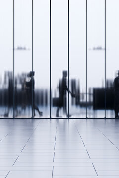 3D corporate office lounge with business silhouettes behind frosted glass partition