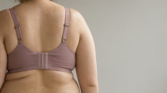 Rear view of plus size woman wearing beige bra showing natural skin folds, body positivity, self acceptance and realistic beauty lingerie fit concept at home.