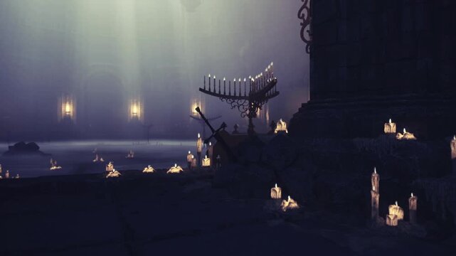 Procession staging with lanterns and light beams, candles guiding path toward distant archways, theatrical composition ideal for festival, ritual or ceremonial