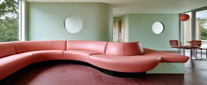 Curved coral leather sofa in contemporary living area with round mirrors for interior design, dining and lounge background