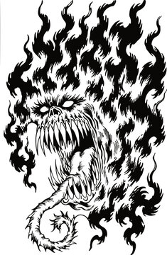 Flaming Demon Monster with Fanged Jaws and Long Tongue, Hand-Drawn Horror Ink Illustration