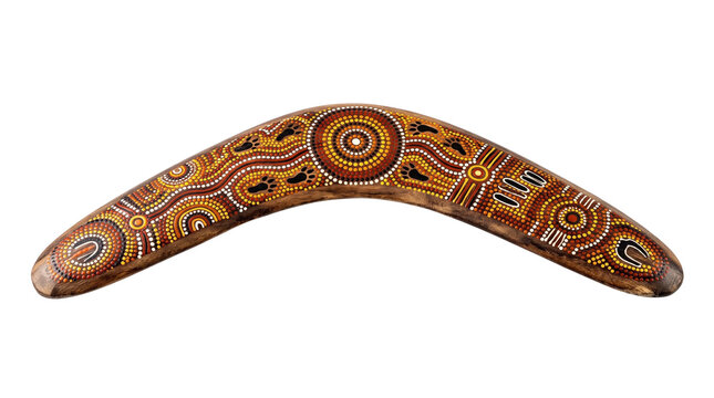 Traditional Aboriginal wooden boomerang with hand-painted dot art, authentic indigenous wooden artifact, cultural heritage craft object isolated PNG with Transparent Background