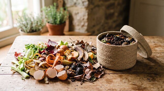 Organic kitchen waste ready for composting on a rustic wooden table next to a natural fiber bin