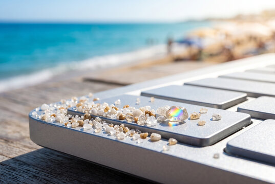 Beachside keyboard with seashells and remote work concept