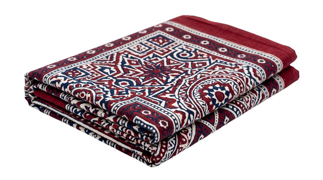 Traditional Sindhi Ajrak block print fabric sheet, folded maroon geometric cotton shawl, cultural South Asian ethnic textile cloth isolated PNG with Transparent Background