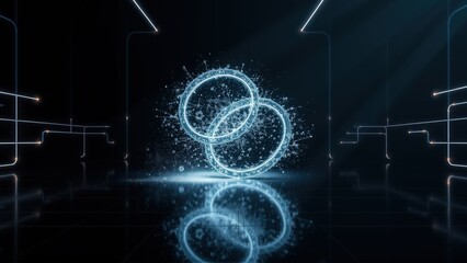 Fototapeta premium Abstract digital art. Interlocking rings, water effect, glowing lines create futuristic space. Reflections enhance visual depth.
