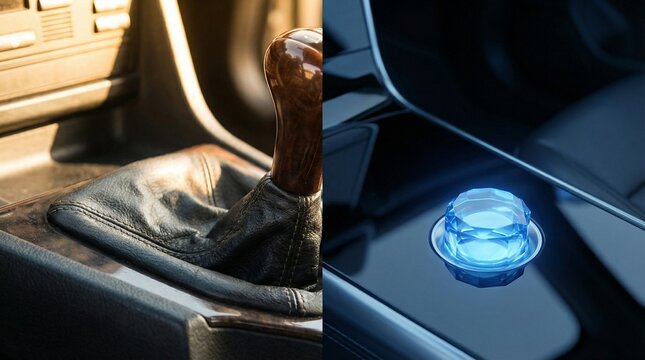 Contrasting Car Interiors with Vintage Manual Gearshift and Modern Control Knob