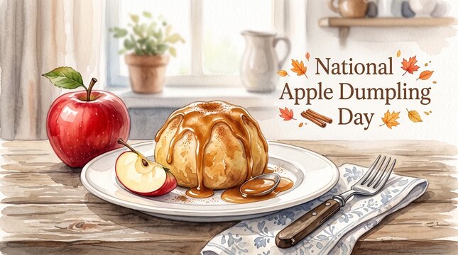 Delicious apple dumpling on a plate with fresh apple and utensils