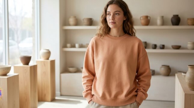 Woman standing in a bright pottery studio surrounded by shelves of ceramics.