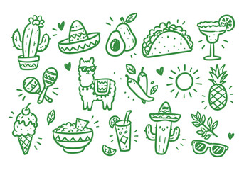 Fototapeta premium Set of handdrawn mexican themed doodles including a llama, taco, cactus, and margarita