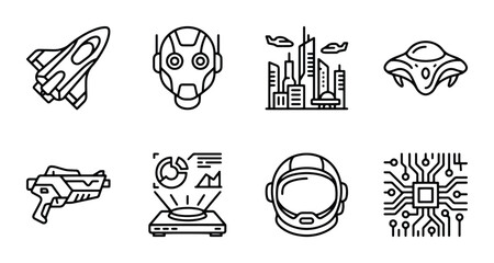 Fototapeta premium Futuristic Technology Icons: Spacecraft, Robot, Cityscape, UFO, Laser Gun, Hologram, Astronaut Helmet, Circuit Board