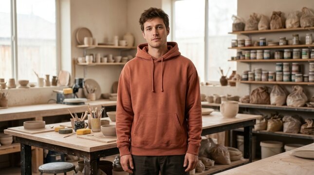 Young man standing in a pottery studio surrounded by shelves of ceramics.