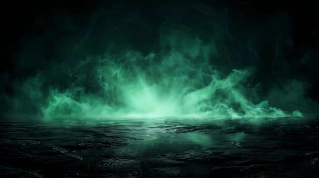 Mystical green smoke and fog glowing over dark ground, abstract background