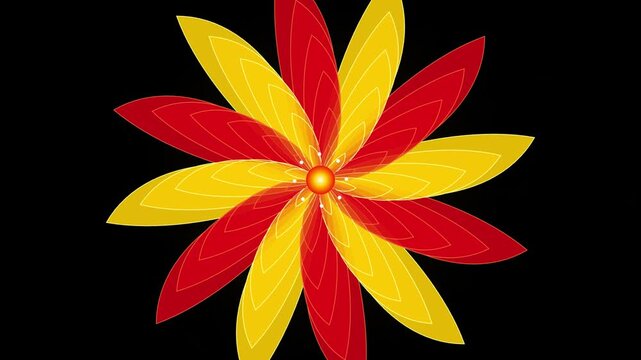 Abstract rotating flower animation with red and yellow petals on black background