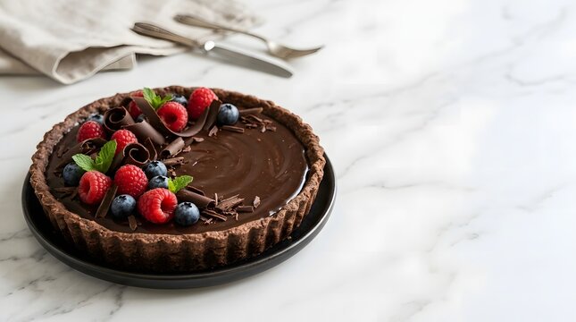A decadent chocolate cake adorned with colorful candies presented on a pristine white marble surface evoking luxury and indulgence for special occasions