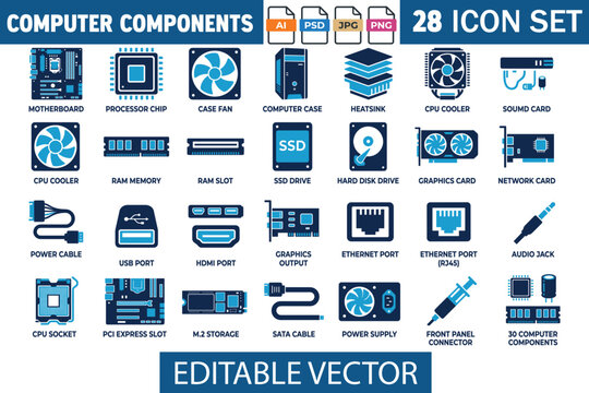 Detailed collection of 28 computer hardware and electronic component featuring blue and dark blue symbols for motherboards, processors, storage, and connectivity