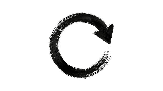 Black ink brushstroke forms a circular arrow symbol on a grey background to represent refresh or reload.