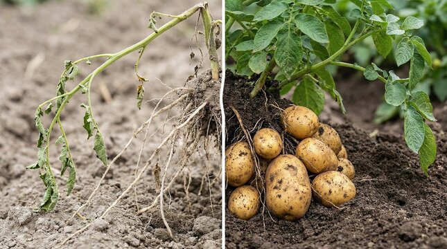 Potato Plant Growth and Harvest Comparison: Success Versus Failure.