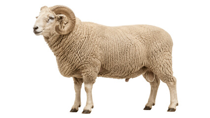 Fototapeta premium Large male ram with prominent curved horns stands in profile against a plain white background.
