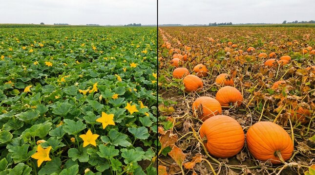 Pumpkin Field Evolution: Summer Blooms to Autumn Harvest