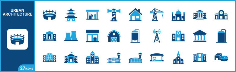 Obraz premium Real Estate And Urban Buildings two-tone icon set. Filled glyph pictograms of residential, commercial, civic, and industrial elements, blue duotone illustration.