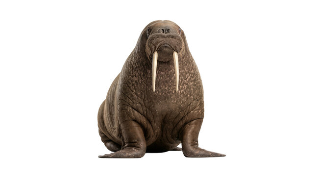 Large walrus with long ivory tusks and thick whiskers sits facing the camera against a plain light gray background in a studio setting.