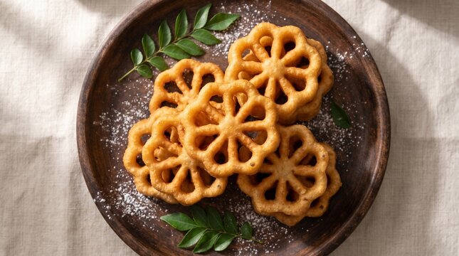 Golden crispy Sri Lankan Kokis arranged on a rustic wooden plate with green leaves and soft natural lighting, representing traditional festive snacks and Sinhala and Tamil New Year celebrations.