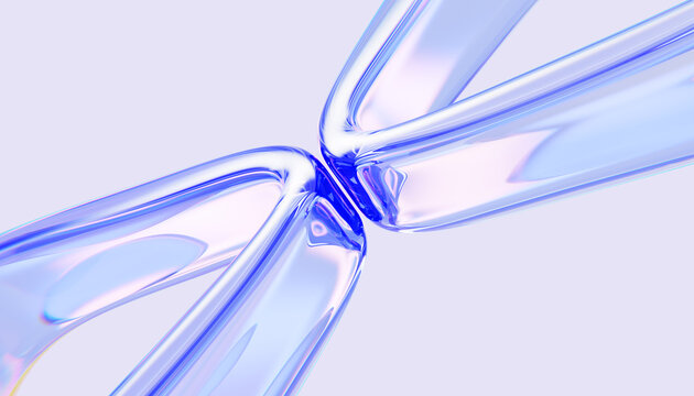 Abstract futuristic tech 3D background render. Liquid glass ribbons curve lines with blue purple light holographic gradient, glossy translucent shapes in diagonal water flow pattern. 3D illustration
