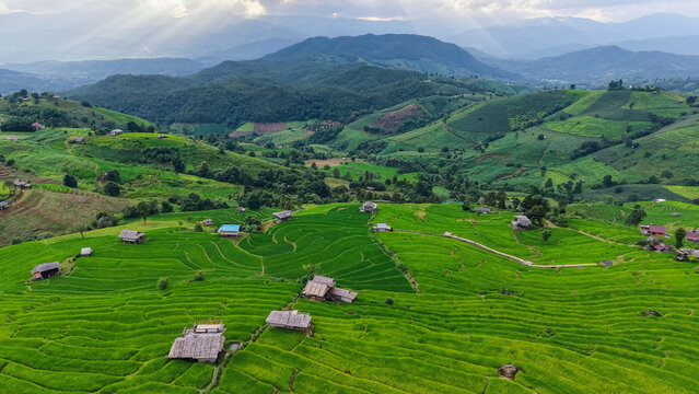 Aerial landscape view of rice terrace and wooden huts in the mountains