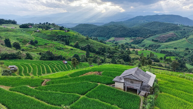 Aerial landscape view of rice terrace and wooden huts in the mountains