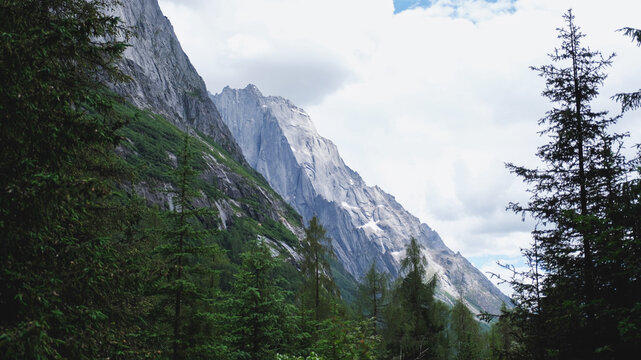 The snow mountain range and pine trees forest in Chengdu China