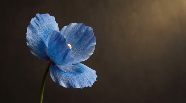 Vibrant blue Himalayan poppy flower in bloom against a dark moody background with copy space