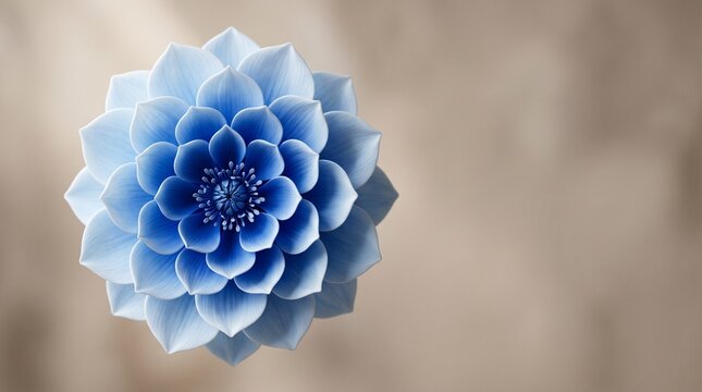 Elegant blue flower with layered petals on a soft beige background