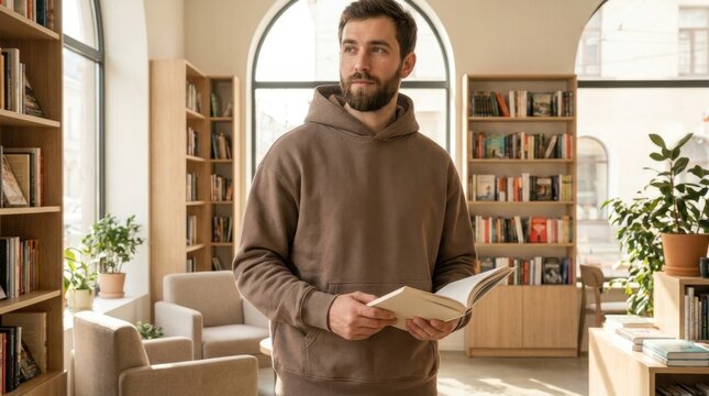 Man in Hoodie Reading Book in Cozy Library with Bookshelves and Plants.