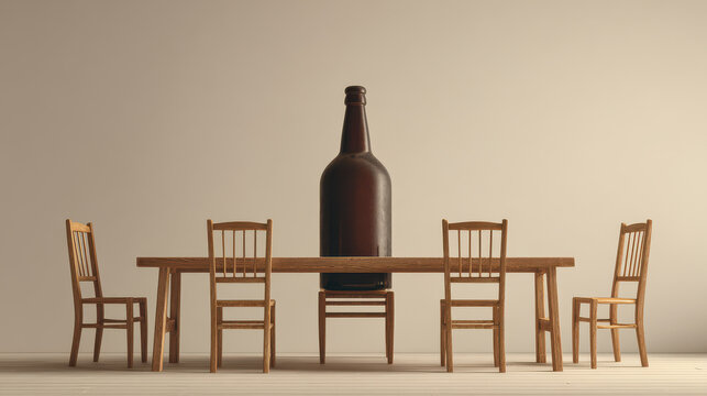 Large brown bottle on dining table with empty chairs, concept of absence.