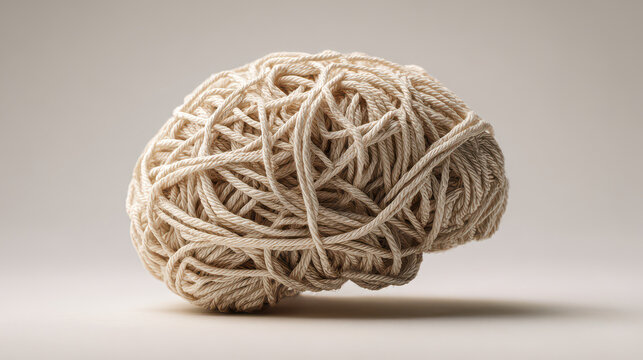 Tangled Yarn Ball Shaped Like Human Brain Representing Complex Thoughts