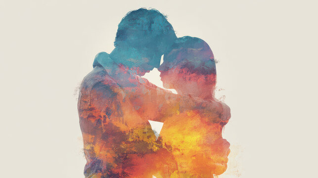Two People Embracing, Their Bodies Painted with Vibrant Colors