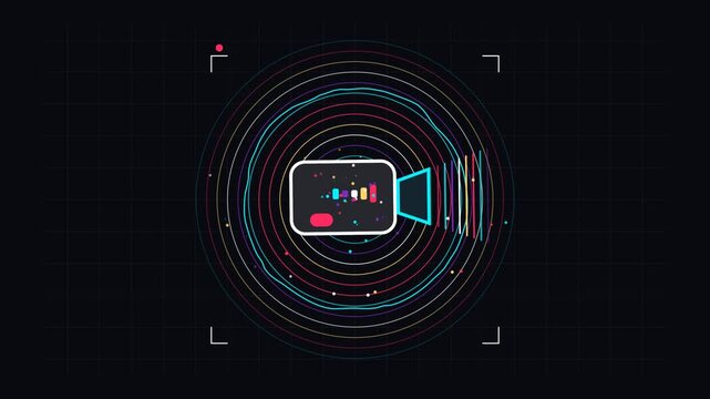 Animated production and media streaming concept with concentric sound waves and camera icon audio visualizer
