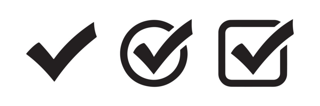 Check mark sign icons set in black colors providing visual indicators for survey forms or bullet point lists.