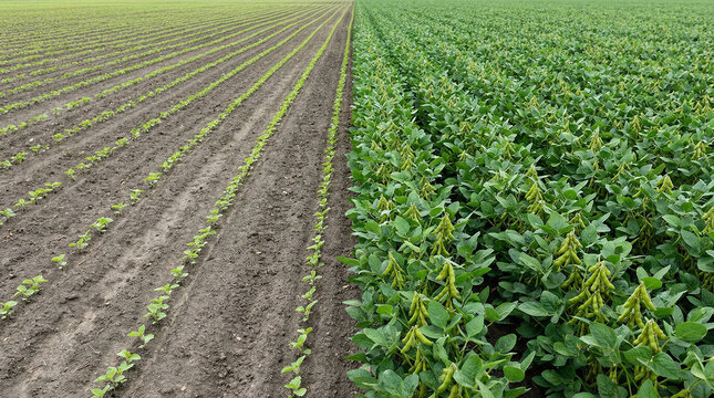 Sustainable Soybean Farming: Young Plants and Mature Pods in Split Field View.