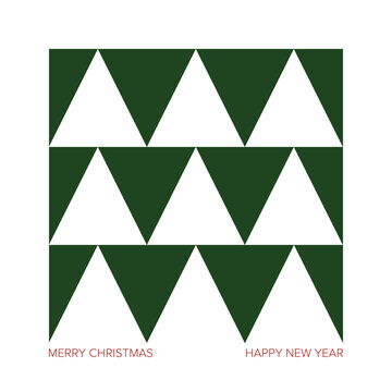 Geometric white triangles representing minimalist Christmas trees on a green background, with Merry Christmas and Happy New Year text, creating a modern holiday greeting card