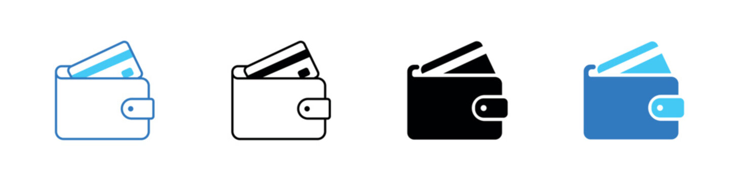 wallet icon set with cards and cash in line, outline, glyph and flat color styles
