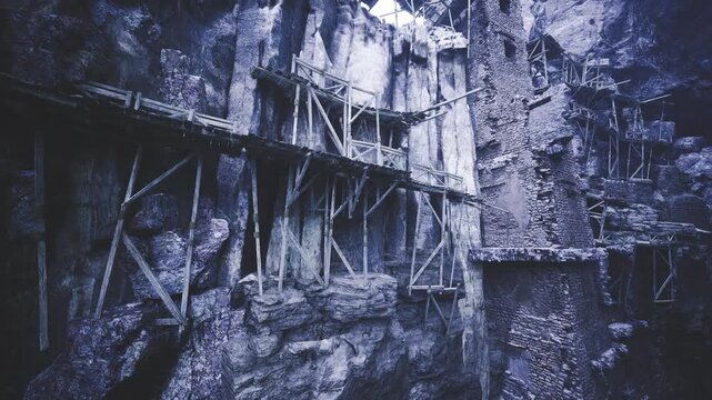 Engineers inspecting cliffside scaffold for stability, assessment tools and monitoring implied, detailed view of anchors and bolts, pragmatic tone focused