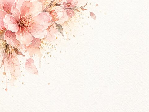 Blush watercolor and champagne sparkle corner on warm white background with copy space 