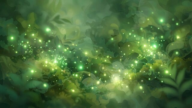 Magical glowing fireflies flickering in a dark enchanted green forest at night.